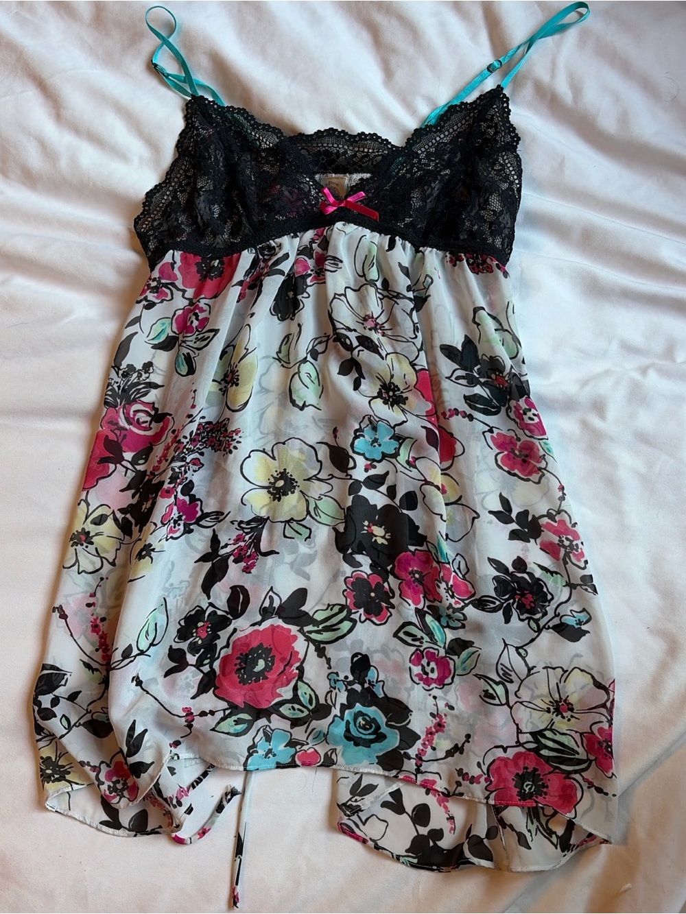 Floral Lace-Trim Chemise Nightdress in Black and Multicolor